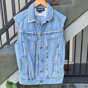 Just Cavalli Studded Denim Vest IT Size 48 Luxury Punk Rock Rocker Western